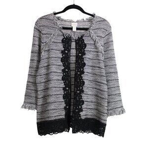 Chico’s Grey Black Lace Fringes Open Front Sweater